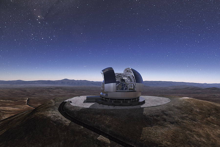 The Cerro Amazones mountain in the Chilean desert, near ESO's Paranal Observatory, will be the site for the European Extremely Large Telescope (E-ELT), which, with its 39-metre diameter mirror, will be the world’s biggest eye on the sky. Here, an artist's rendering shows how the telescope will look on the mountain when it is complete in 2024.